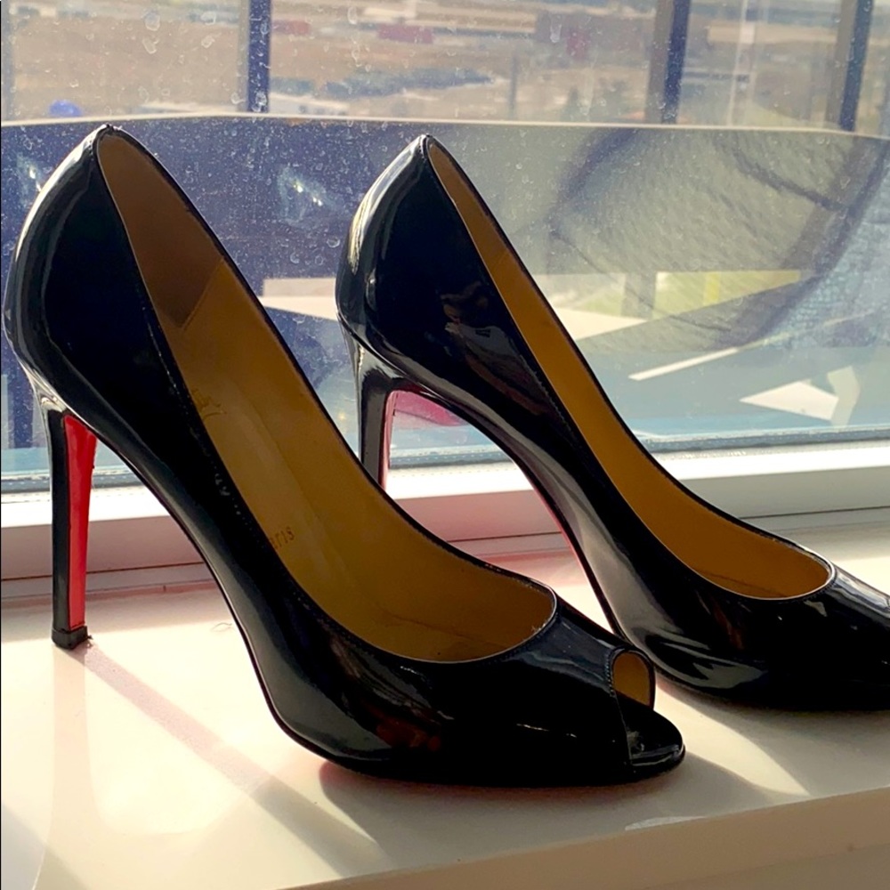 Christian Louboutin Black Patent Peep-Toe Pumps with Red Sole